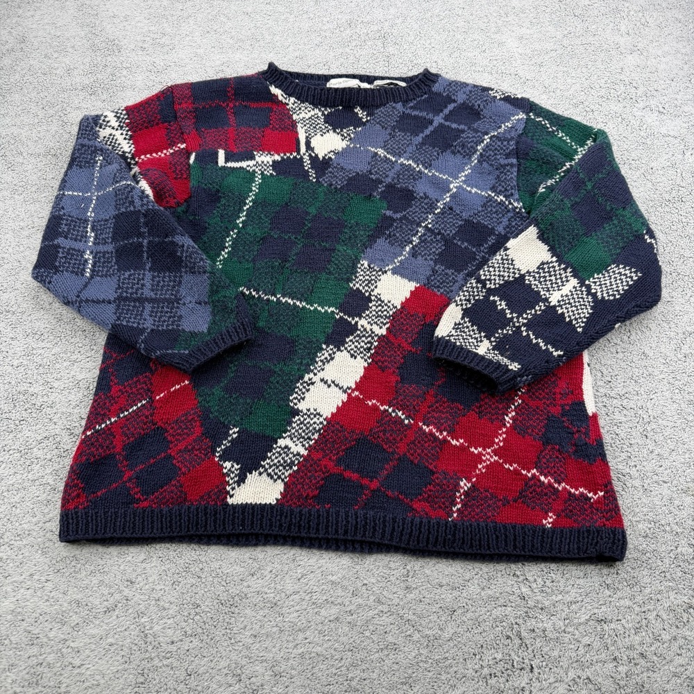 Vintage Paris Sport Club Sweater Mens Medium Patchwork Plaid Hand Knit Grandpa